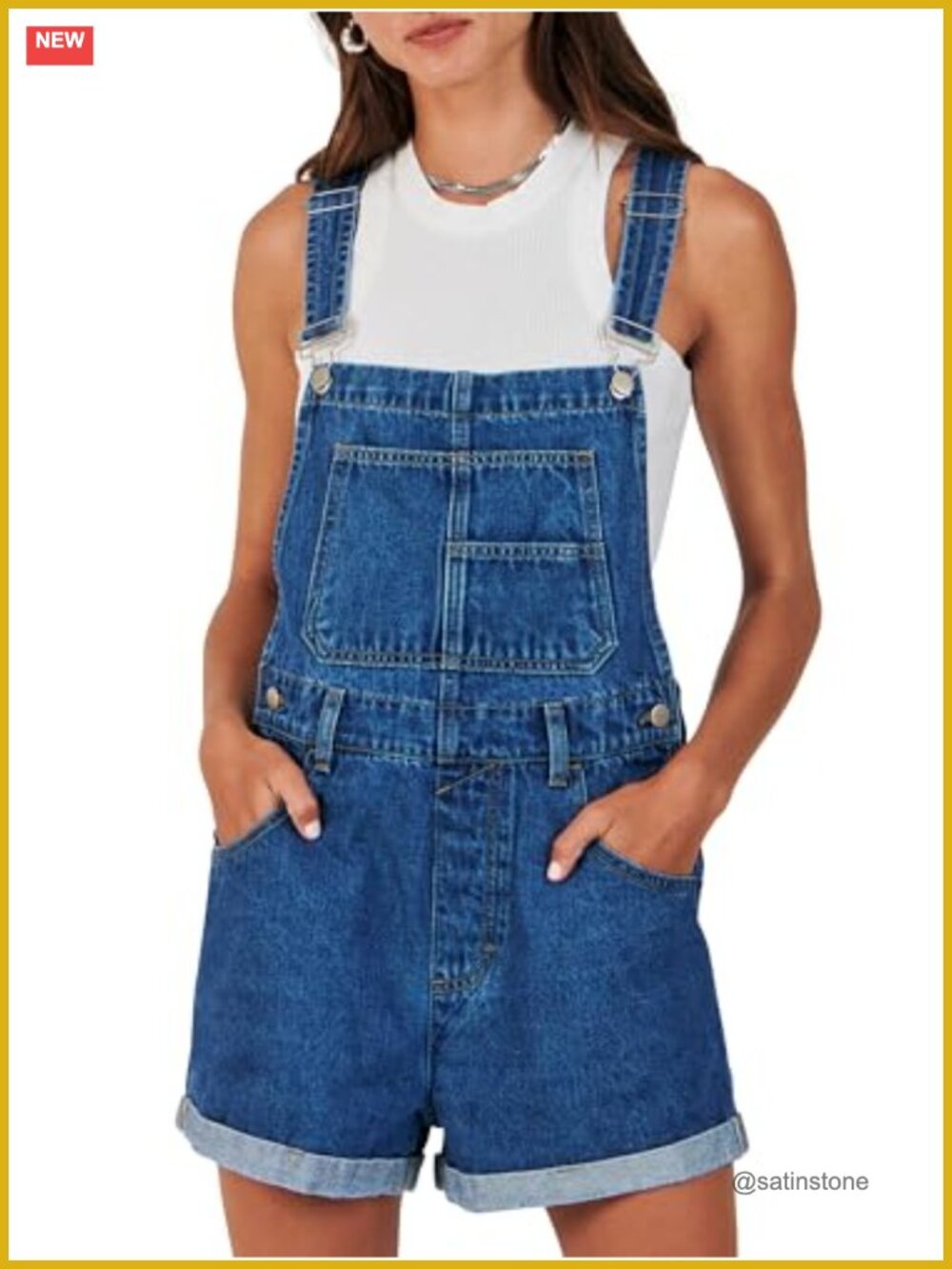 Women's Loose Fit Denim Short Overalls Adjustable Straps Cuffed Hem